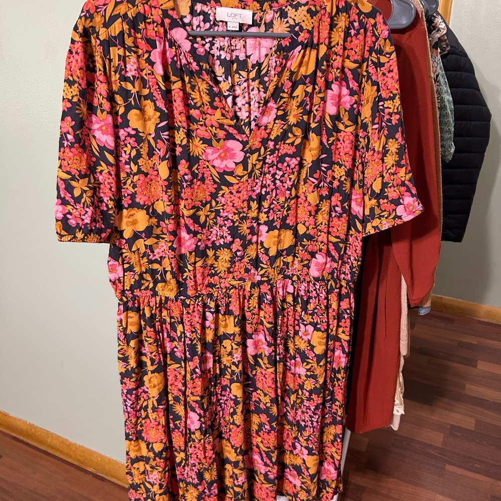 LOFT Floral Dress with Pink and Gold Accents